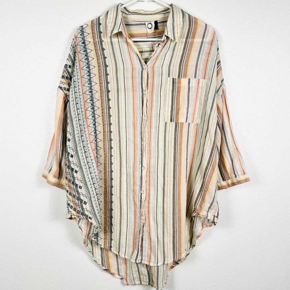 Anthropologie Medium/Large Yarn-Died Striped Buttondown Eyelet Shirt Top